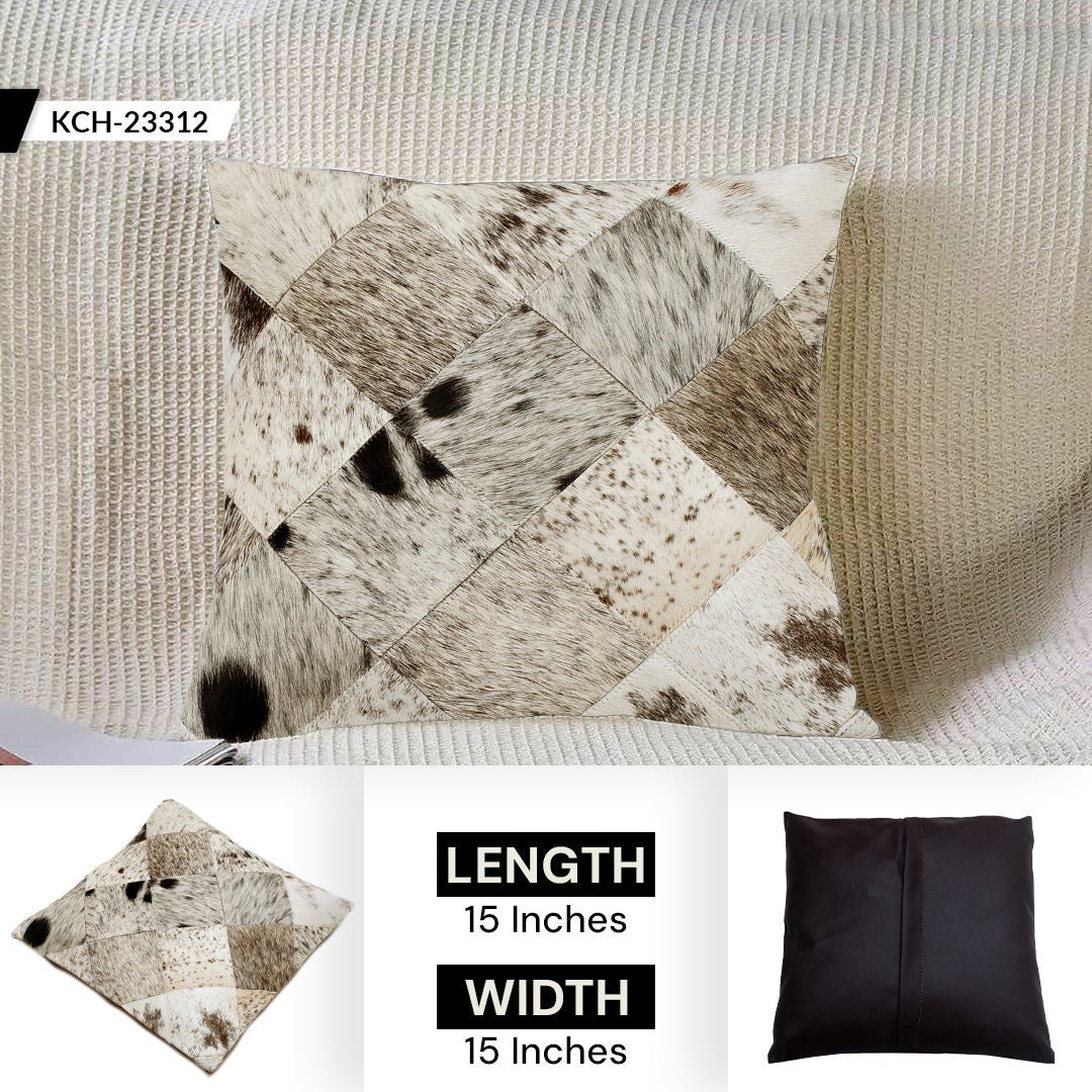 Handmade Multicolor Cowhide Patchwork Throw Pillow Cover - 100% Natural Hair on Leather with Unique Patterns in Tan, Cream, Brown, Black,