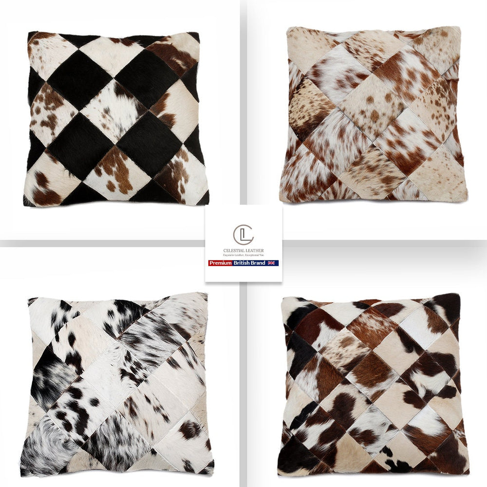 Luxurious Handmade Multicolour Patchwork Cowhide Cushion Cover for Non-Shedding Sofa - Soft Natural Hair, Unique Rustic Charm, Durable - Celestial Leather Limited