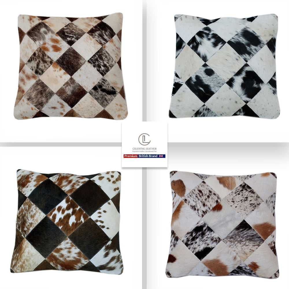 Luxurious Handmade Multicolor Patchwork Cowhide Cushion Cover for Natural Elegance & Rustic Charm - Celestial Leather Limited