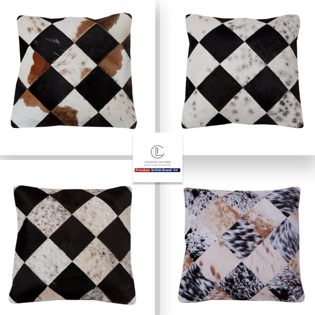 Luxurious Handmade Multicolor Patchwork Cowhide Cushion Cover - Stylish, Natural, and Unique!