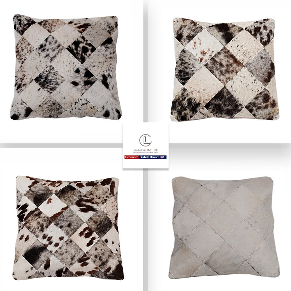 Luxurious Handmade Multicolor Patchwork Cowhide Cushion Cover with Hypoallergenic Design and Rustic Charm - Celestial Leather Limited
