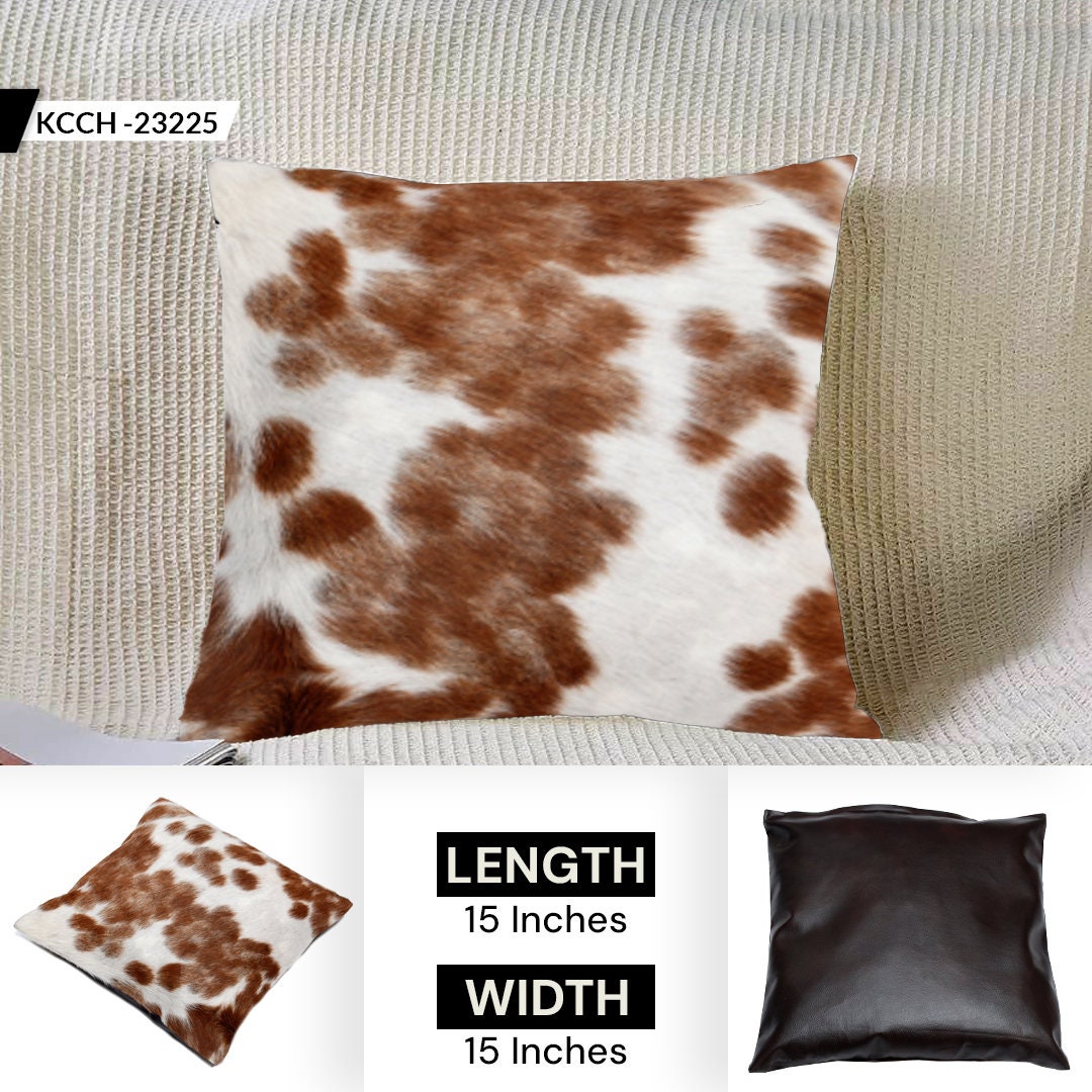 Luxurious Handmade Brown and White Cowhide Cushion Cover - Unique Animal Patterns, Soft Faux Leather Back, Rustic Elegance