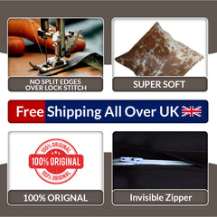 Luxurious Handmade Brown and White Cowhide Cushion Cover with Faux Leather Back - Rustic Elegance and Natural Beauty - 100% Natural Cowhide