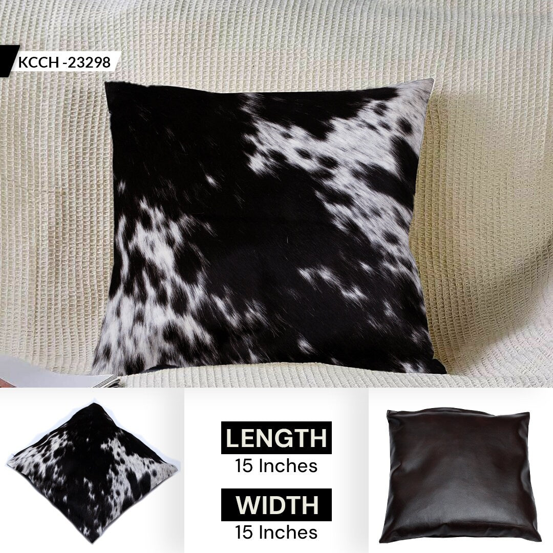 Luxurious Handmade Brown & White Cowhide Cushion Cover with Faux Leather Back