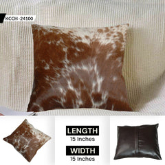 Luxurious Handmade Brown and White Cowhide Cushion Cover with Faux Leather Back - Celestial Leather Limited