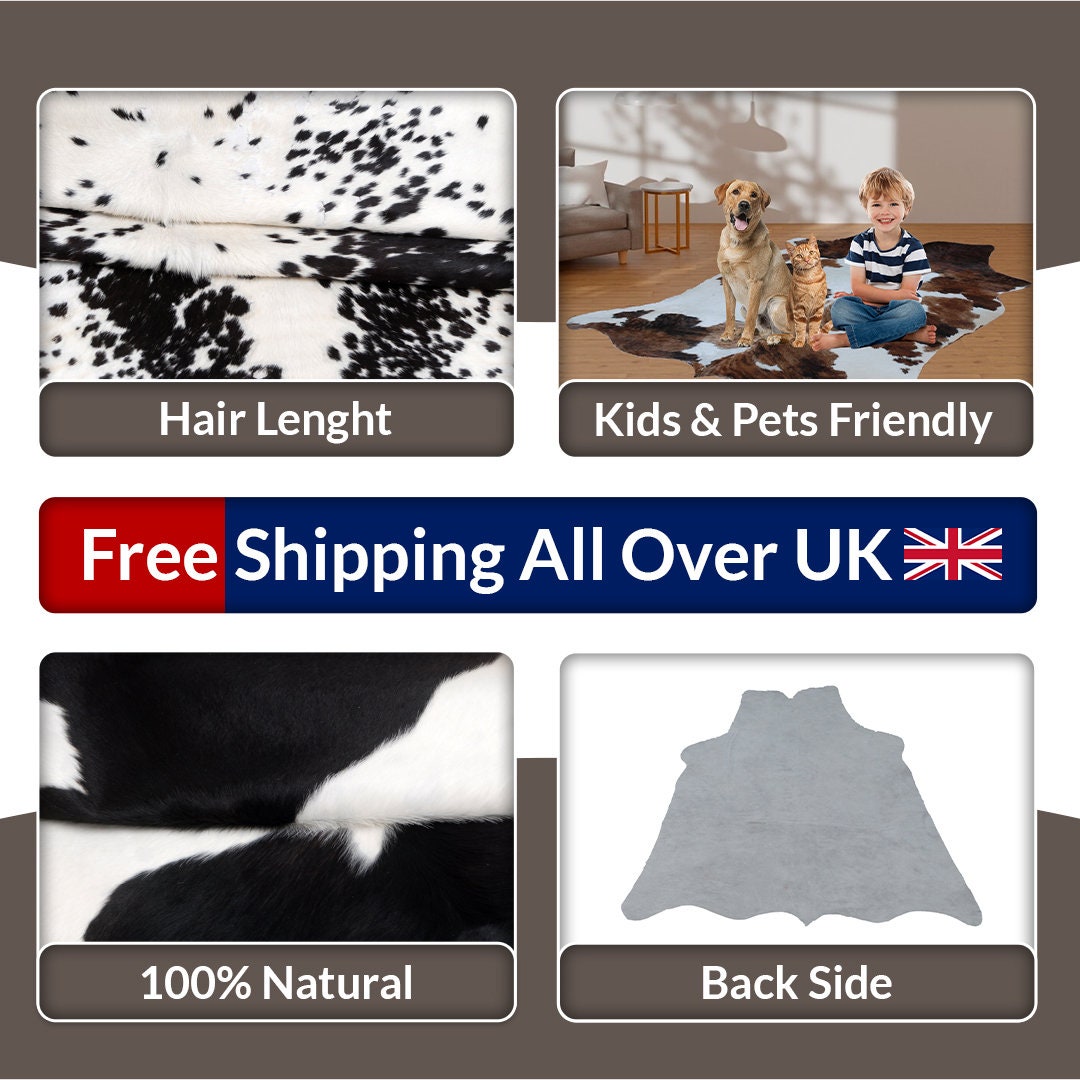 Luxurious Black & White Cowhide Rug with Non-Slip Backing - Handcrafted Natural Beauty for Modern Home Décor - Medium Size, Hypoallergenic - Celestial Leather Limited