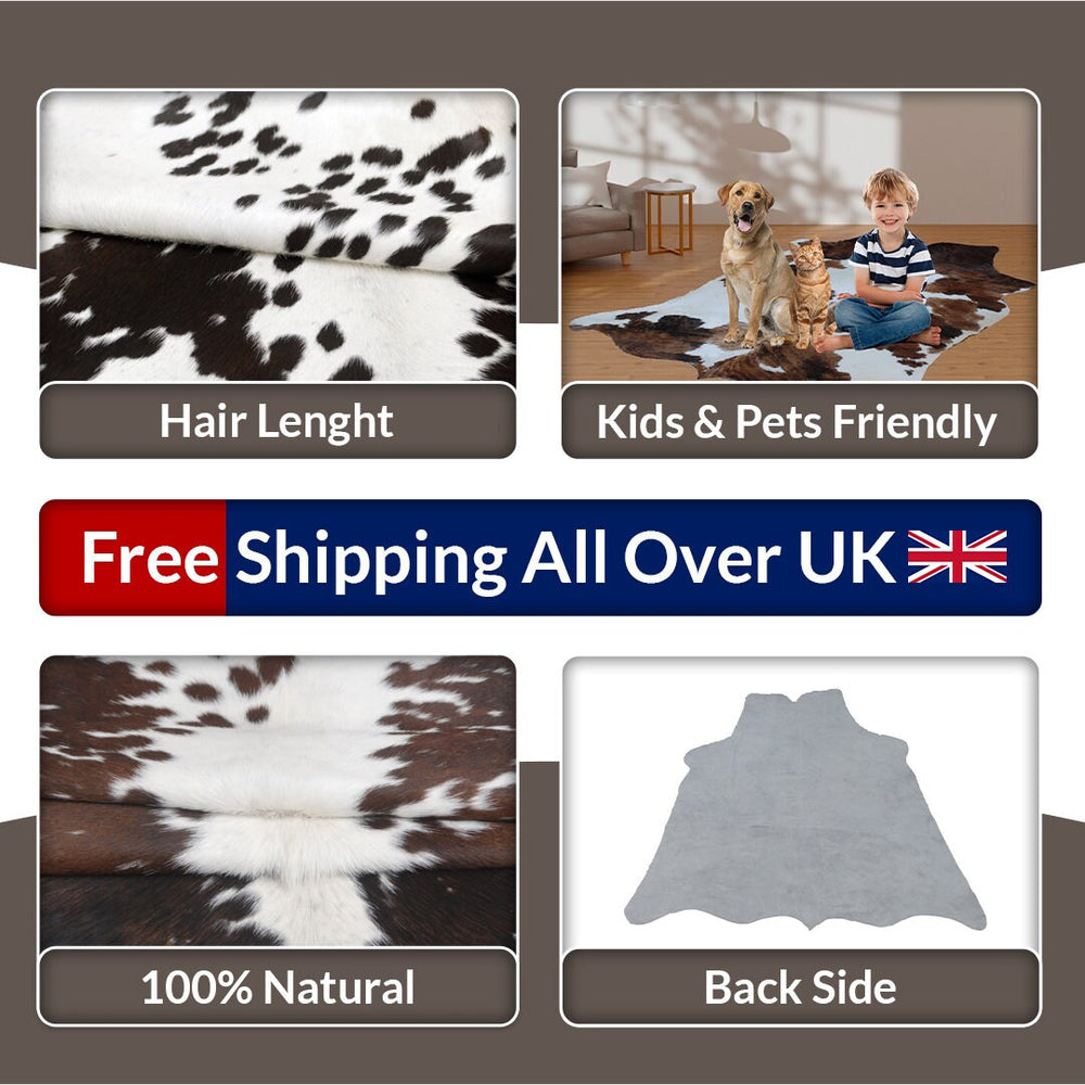 Luxurious Hypoallergenic Cowhide Rug with Non-Slip Suede Back - Small Animal Print Area Rug in Dark Brown and White - Celestial Leather Limited