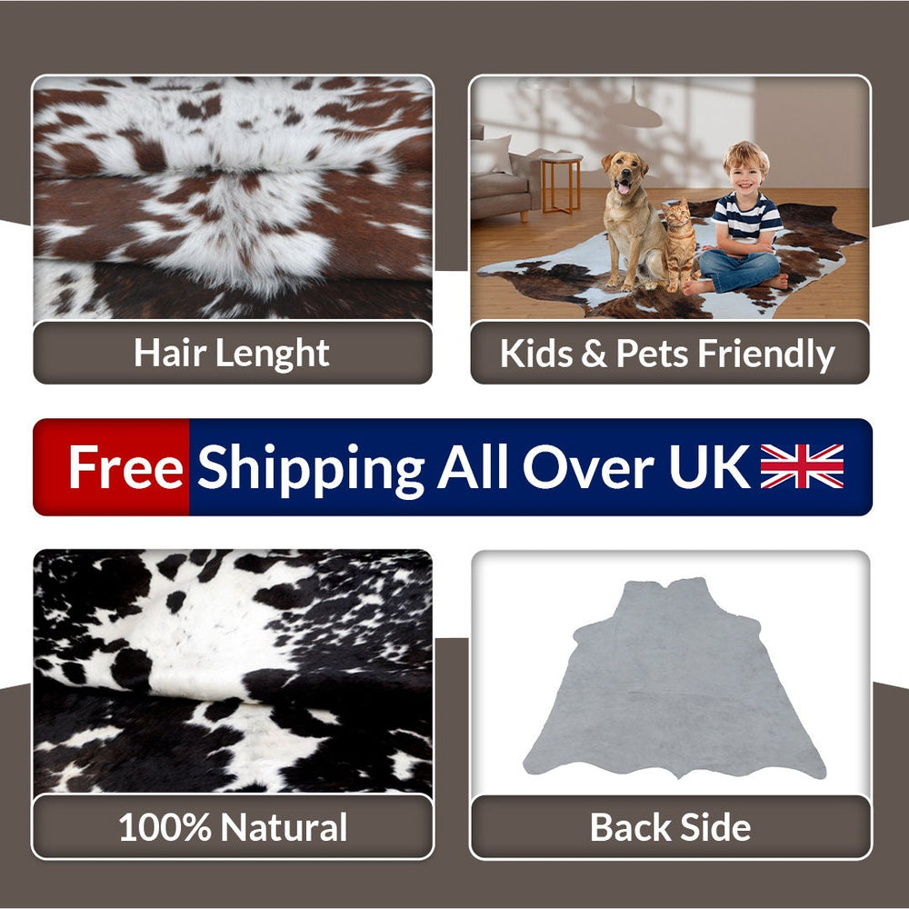 Luxurious Medium Dark Brown & White Cowhide Rug with Hypoallergenic Properties - Handcrafted Natural Animal Print Area Rug for Warmth - Celestial Leather Limited