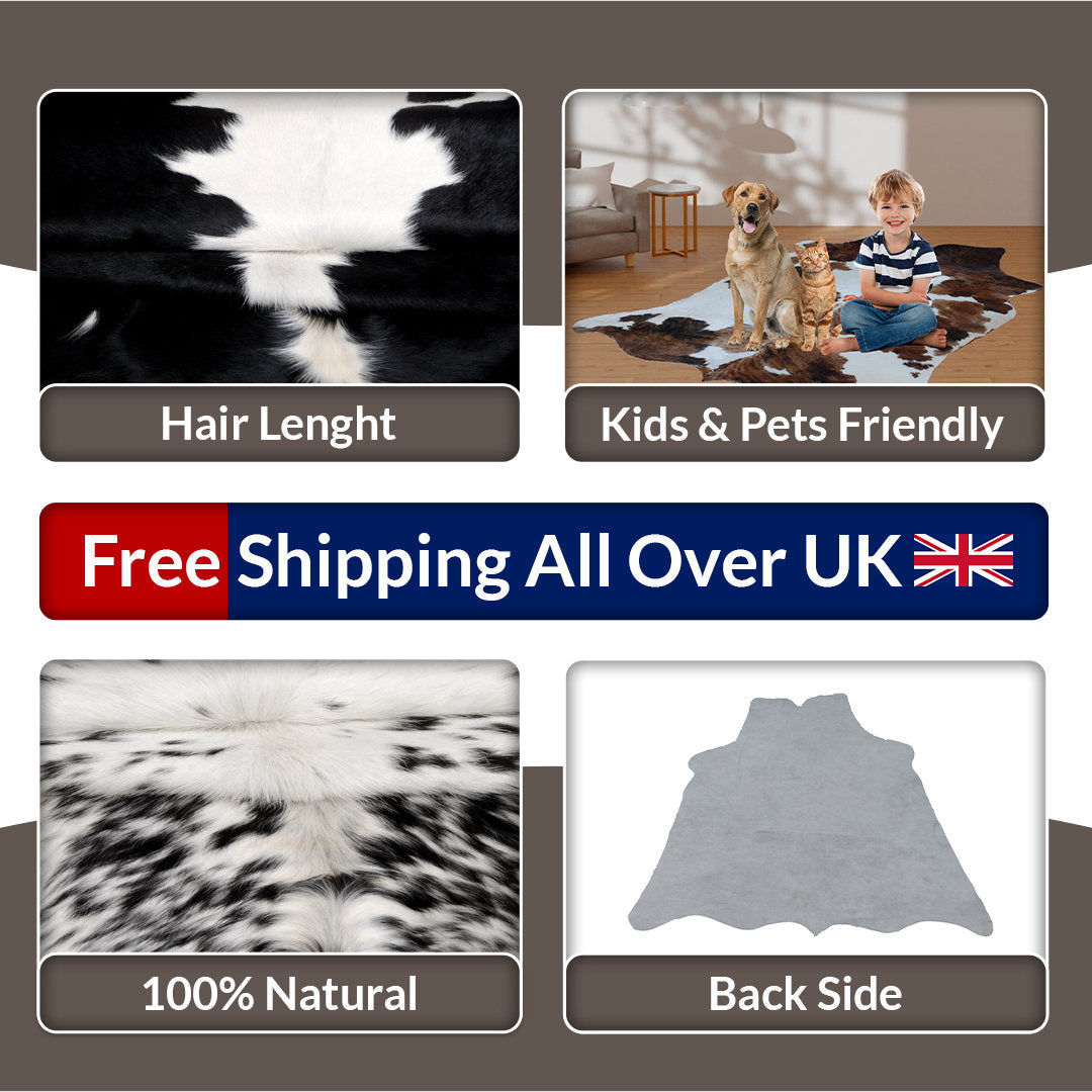 Luxurious Black & White Cowhide Rug for Bedroom and Living Room - Hypoallergenic, Non-Slip, Non-Shedding, Unique Natural Beauty - Free