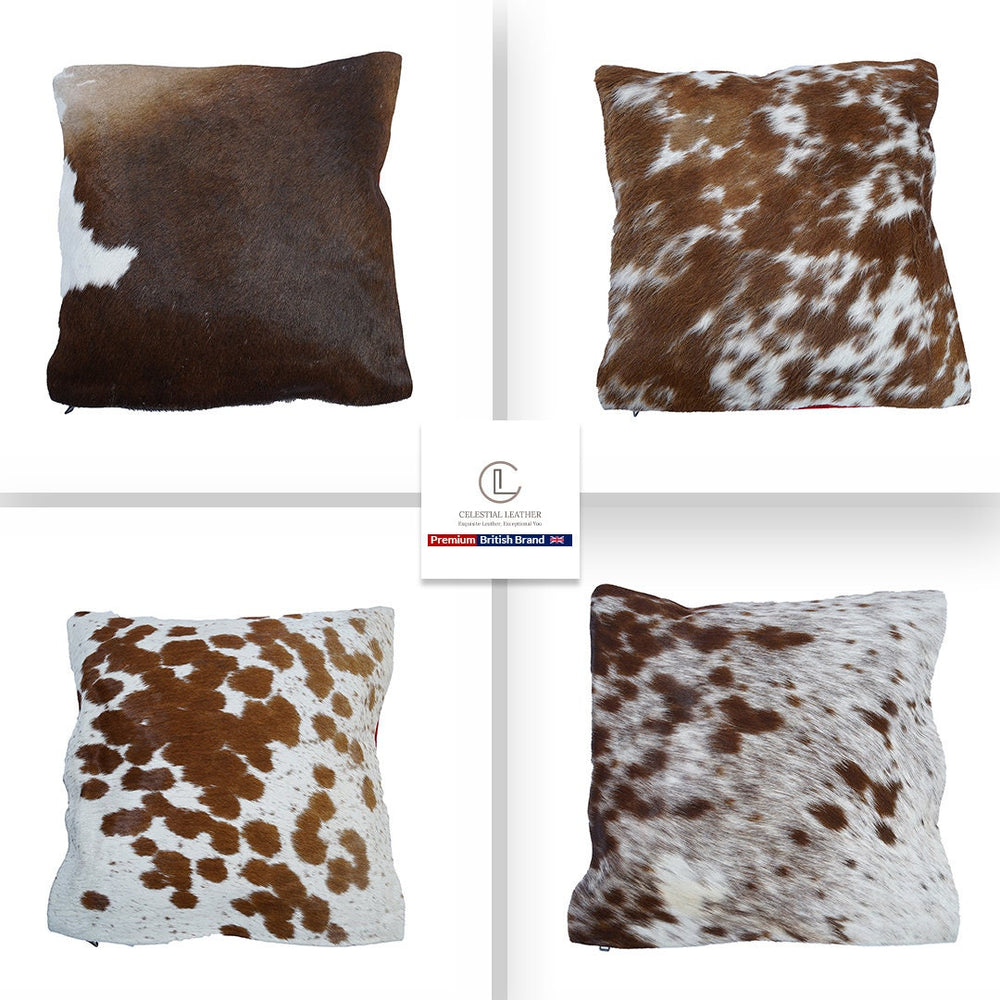 Rustic Cowhide Cushion Cover with Velvet Back - Handmade Reversible Hair On Pillow Case in Brown, Black, and White - 15x15 inches - Celestial Leather Limited
