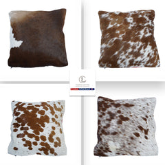 Rustic Cowhide Cushion Cover with Velvet Back - Handmade Reversible Hair On Pillow Case in Brown, Black, and White - 15x15 inches - Celestial Leather Limited