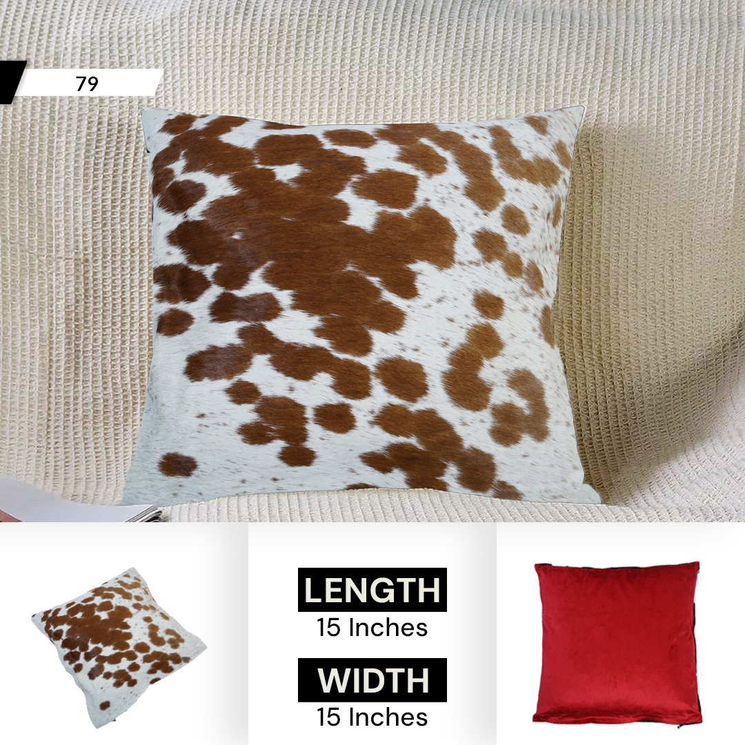 Rustic Cowhide Cushion Cover with Velvet Back - Handmade Reversible Hair On Pillow Case in Brown, Black, and White - 15x15 inches - Celestial Leather Limited