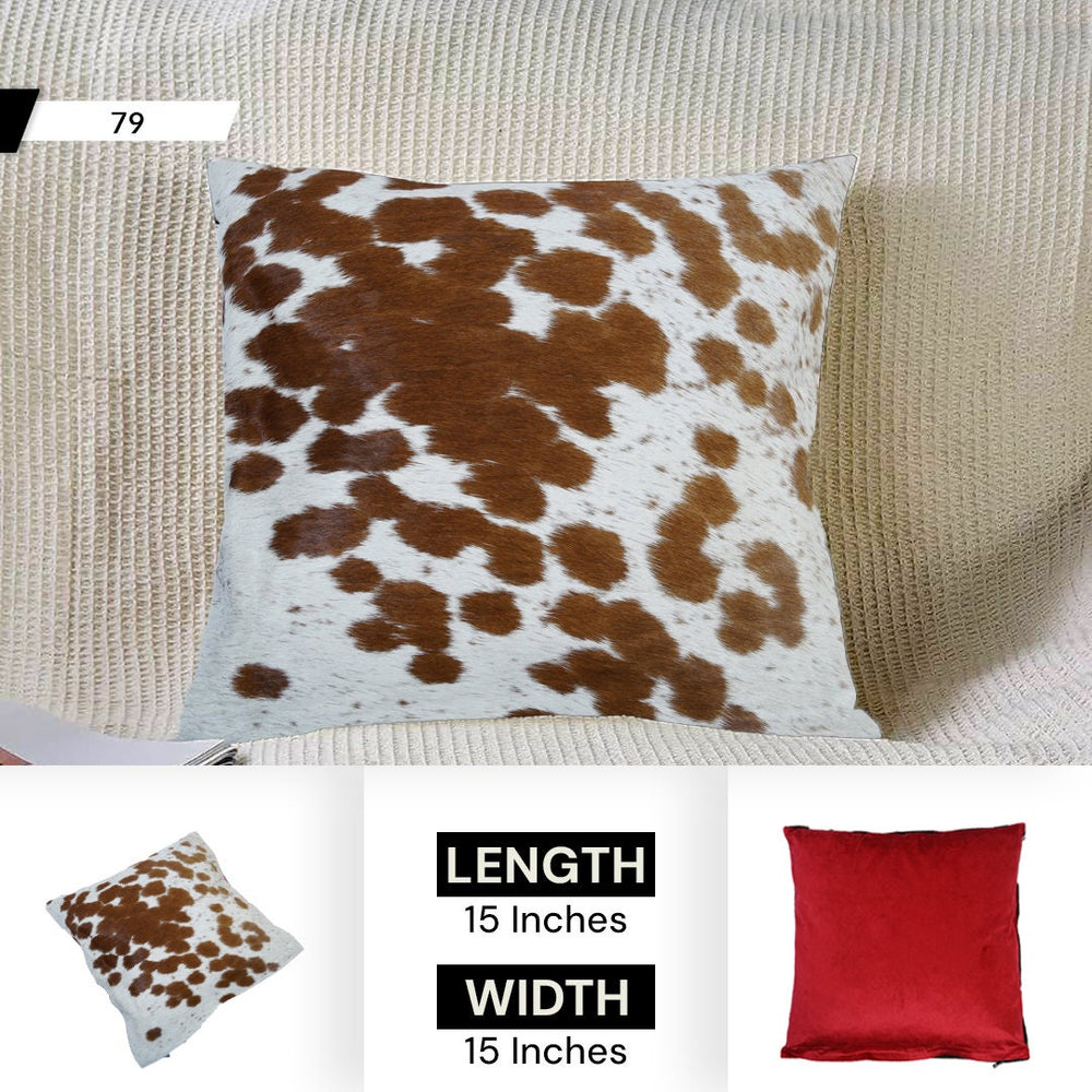 Rustic Cowhide Cushion Cover with Velvet Back - Handmade Reversible Hair On Pillow Case in Brown, Black, and White - 15x15 inches - Celestial Leather Limited