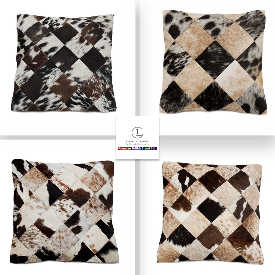 Stunning Multicolor Patchwork Cowhide Cushion Cover with Hypoallergenic Design-Includes Unique Animal Patterns & Soft Faux Leather Back - Celestial Leather Limited