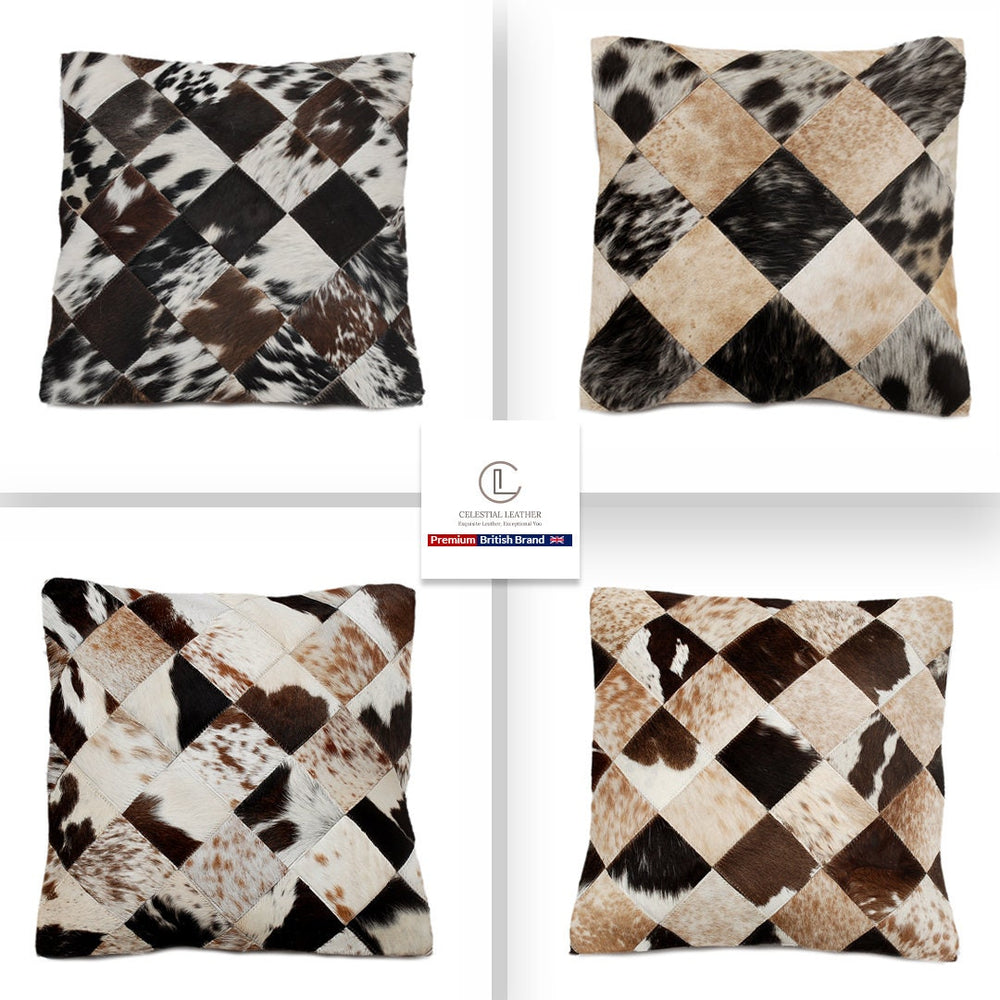 Stunning Multicolor Patchwork Cowhide Cushion Cover with Hypoallergenic Design-Includes Unique Animal Patterns & Soft Faux Leather Back - Celestial Leather Limited