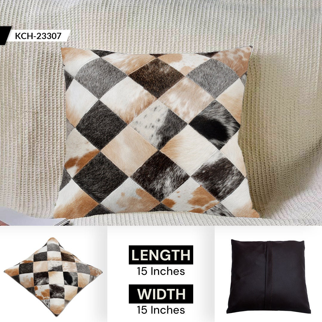 Handmade Multicolor Patchwork Cowhide Cushion Cover - Rustic Elegance & Natural Beauty - Luxurious - Hypoallergenic - Unique Animal Patterns