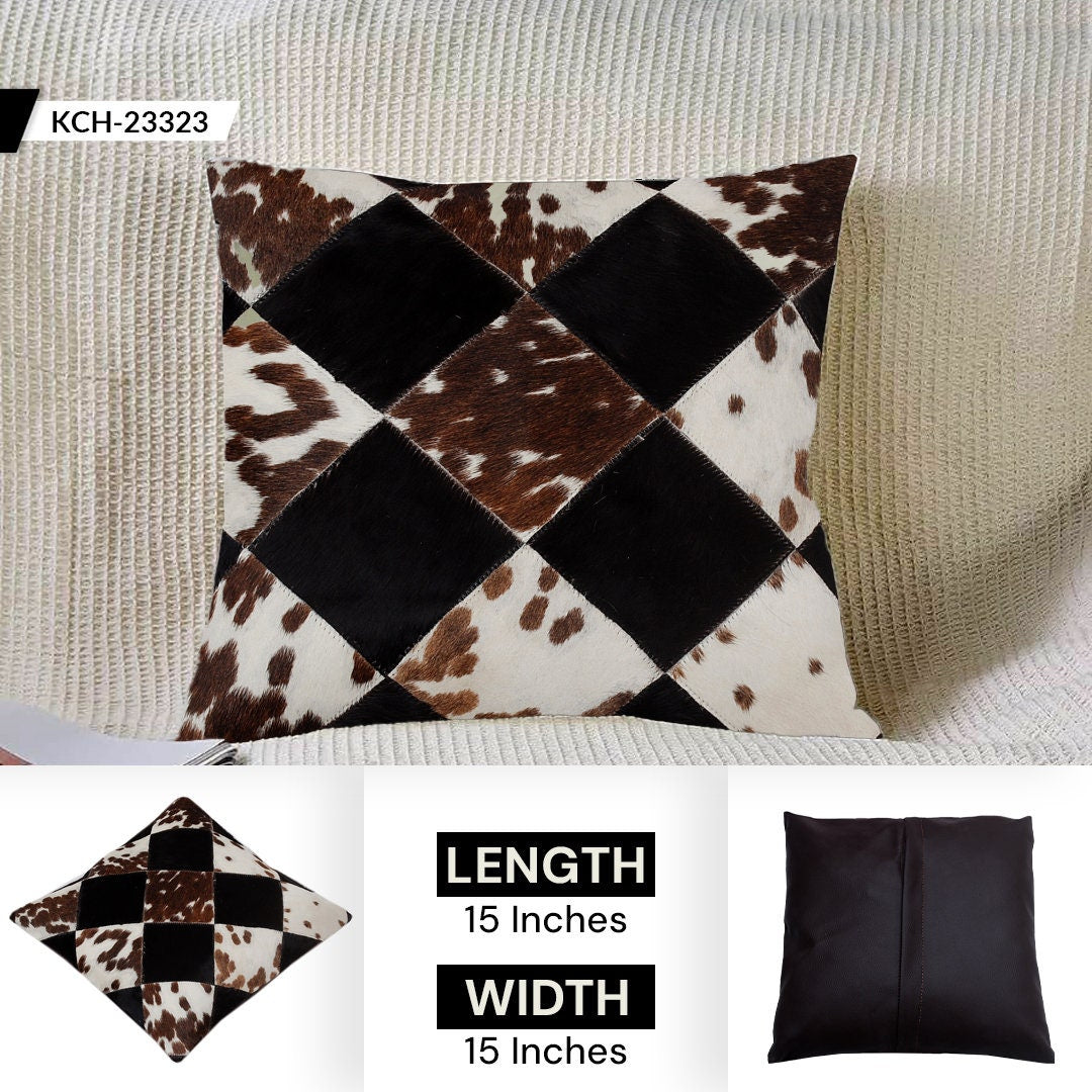 Luxurious Multicolor Patchwork Cowhide Cushion Cover - Handmade Natural Hide Throw Pillow Case - Rustic Elegance for Sofa or Bed