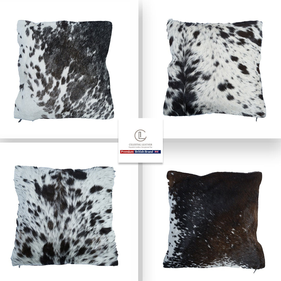 Handmade Luxury Cowhide Cushion Cover with Velvet Back - Animal Print Throw Pillow Case for Rustic Elegance - Celestial Leather Limited