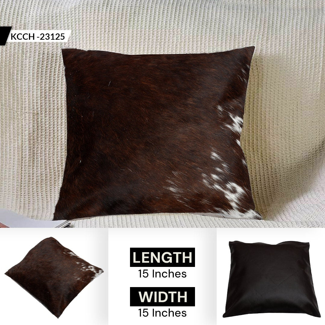 Luxury Handmade Brown & White Cowhide Cushion Cover with Animal Print - Rustic Elegance for Home Décor