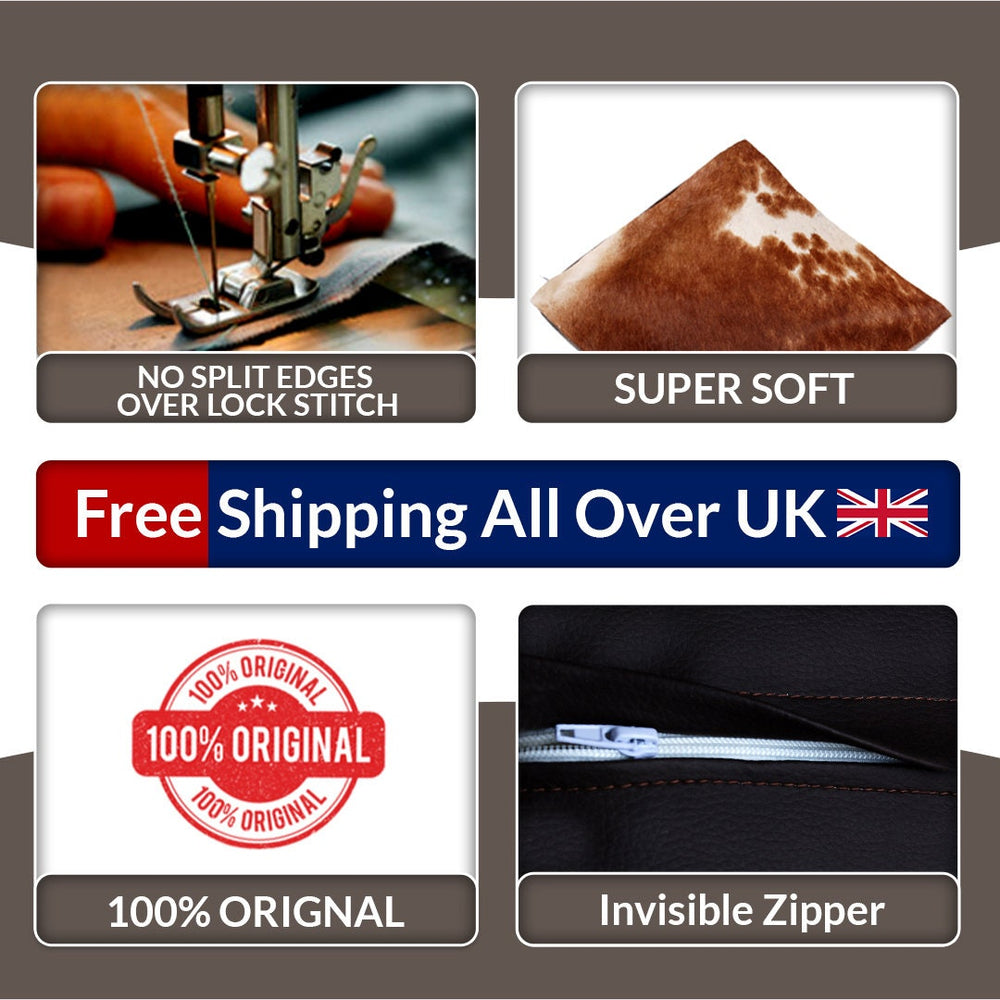 Luxurious Brown and White Handmade Cowhide Cushion Cover with Faux Leather Back - Celestial Leather Limited