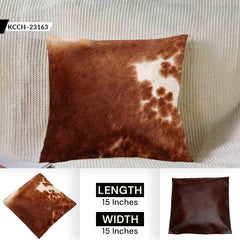 Luxurious Brown and White Handmade Cowhide Cushion Cover with Faux Leather Back - Celestial Leather Limited