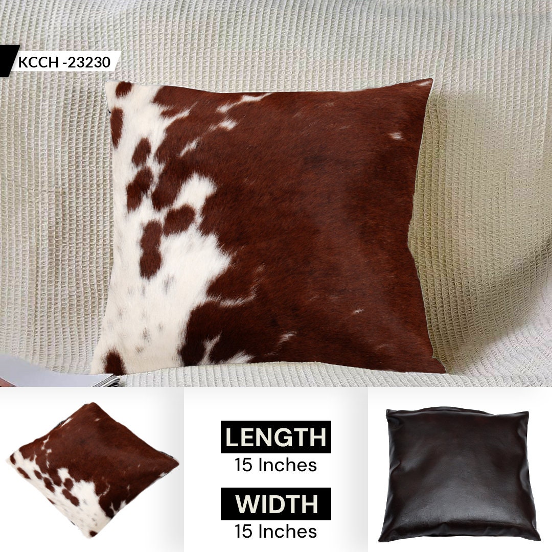 Luxurious Handmade Brown and White Cowhide Accent Cushion Cover - Rustic Elegance for Sofa or Bed