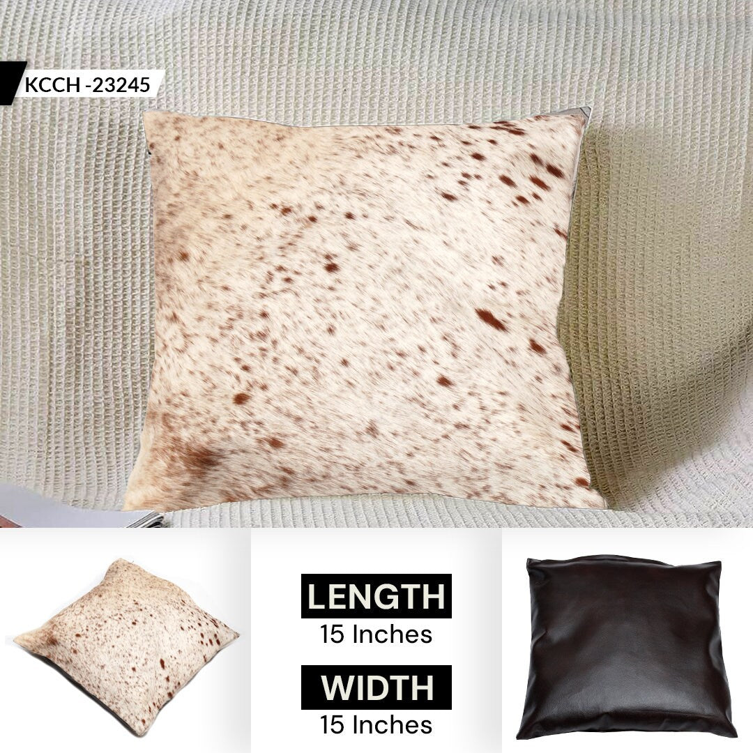 Rustic Elegance: Brown & White Cowhide Cushion Cover - Handmade Luxury with Unique Animal Patterns and Faux Leather Back - Celestial Leather Limited