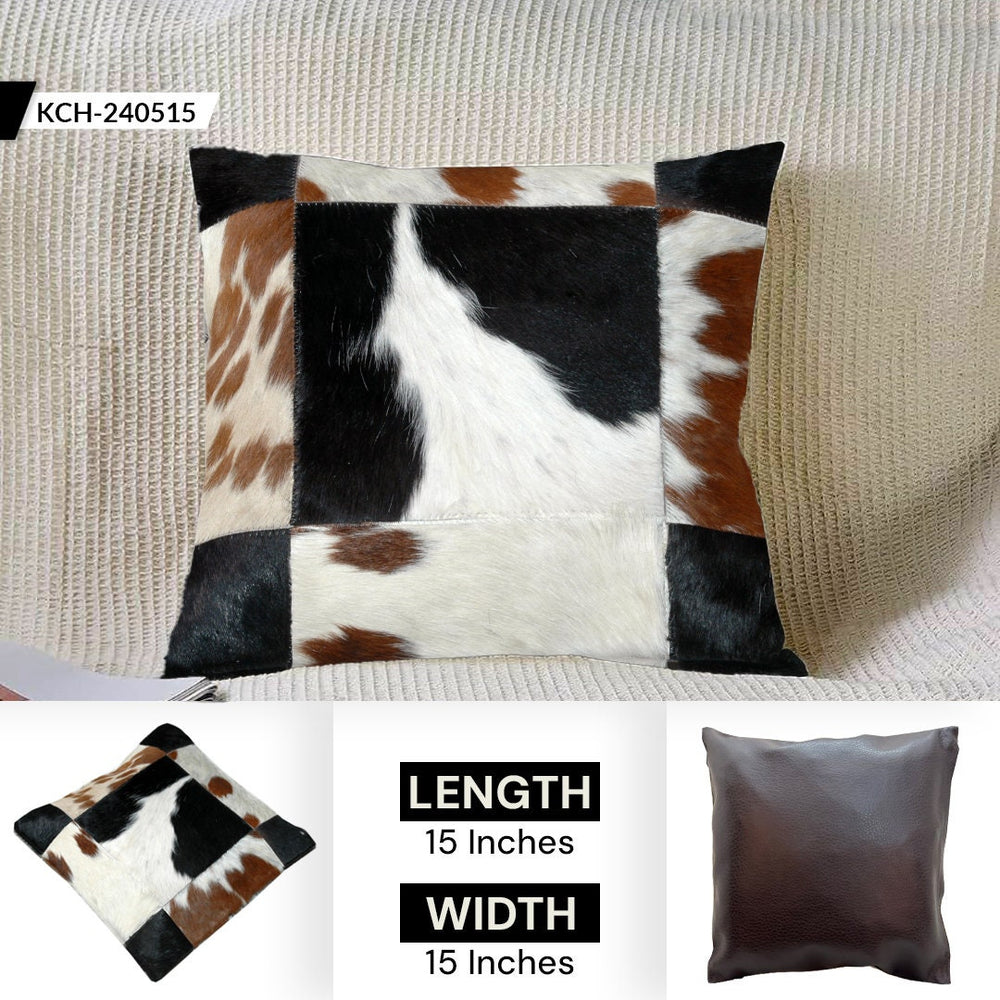 Luxurious Multicolor Patchwork Cowhide Cushion Cover with Faux Leather Back - Handmade Rustic Elegance and Natural Beauty - Celestial Leather Limited
