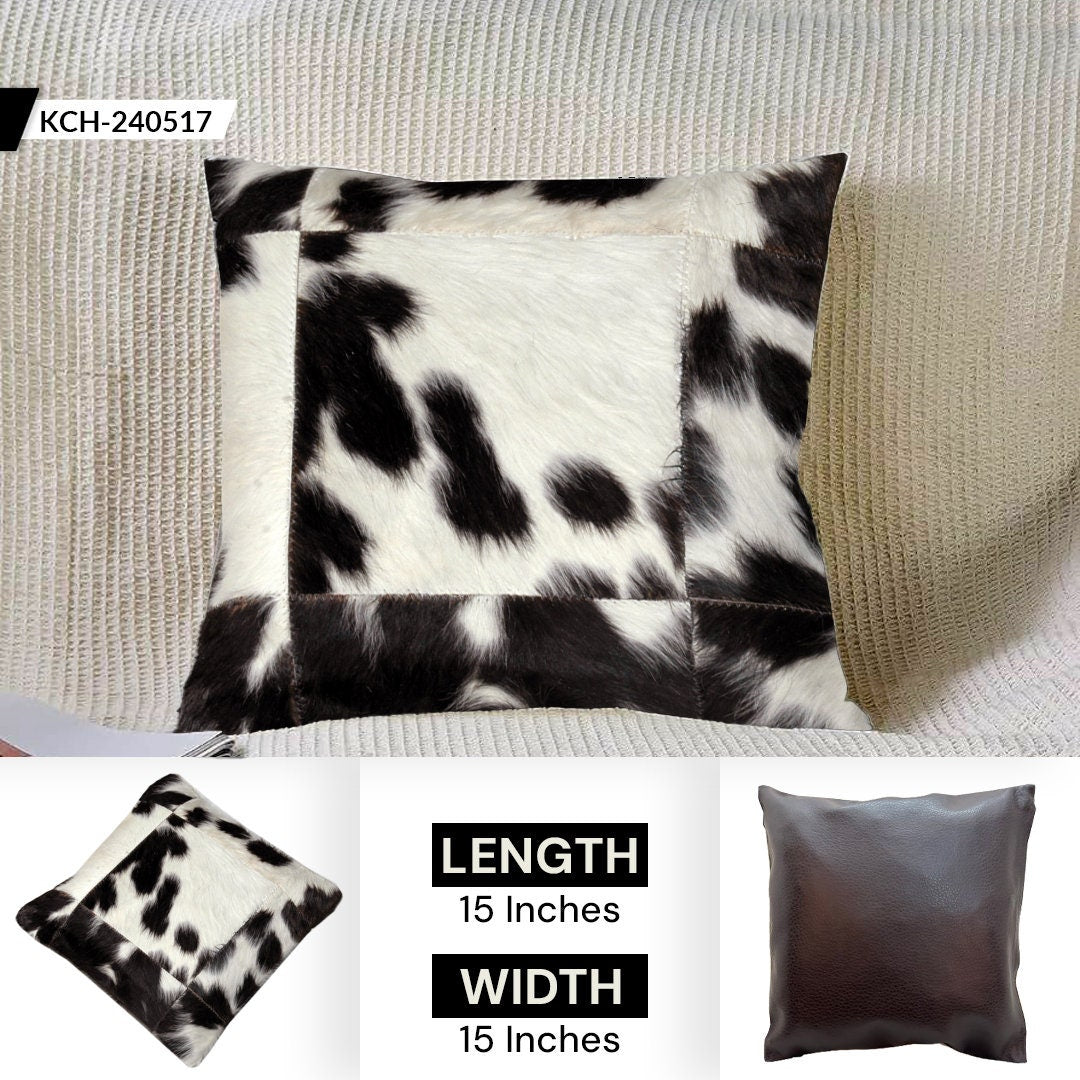 Luxurious Multicolor Patchwork Cowhide Cushion Cover with Faux Leather Back - Handmade Rustic Elegance and Natural Beauty - Celestial Leather Limited