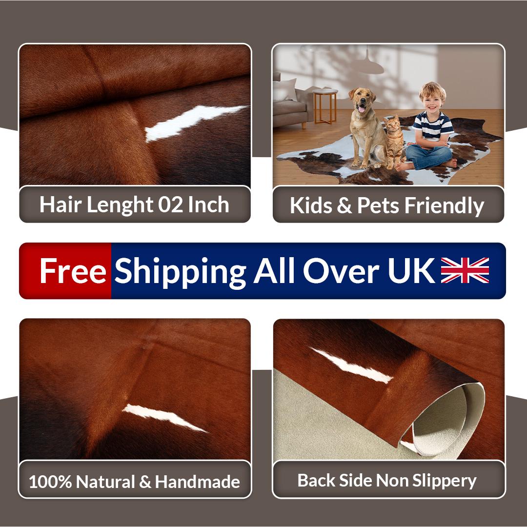 Luxurious Medium Brown and White Cowhide Rug - Hypoallergenic, Non-Slip Backing, Handcrafted, Unique Markings - Perfect for Bedroom/Living - Celestial Leather Limited