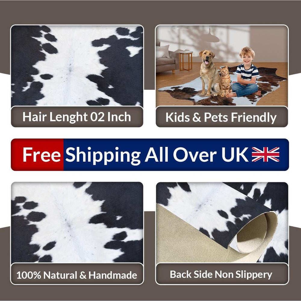 Luxurious Natural Dark Brown and White Small Animal Print Cowhide Rug with Hypoallergenic and Non-Slip Backing - Free Shipping UK - Celestial Leather Limited