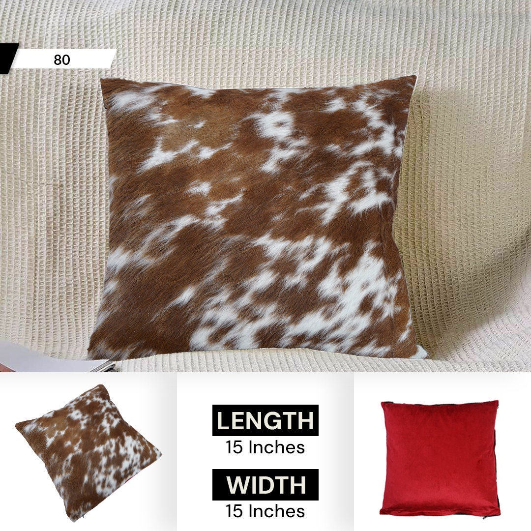 Rustic Cowhide Cushion Cover with Velvet Back - Handmade Reversible Hair On Pillow Case in Brown, Black, and White - 15x15 inches - Celestial Leather Limited