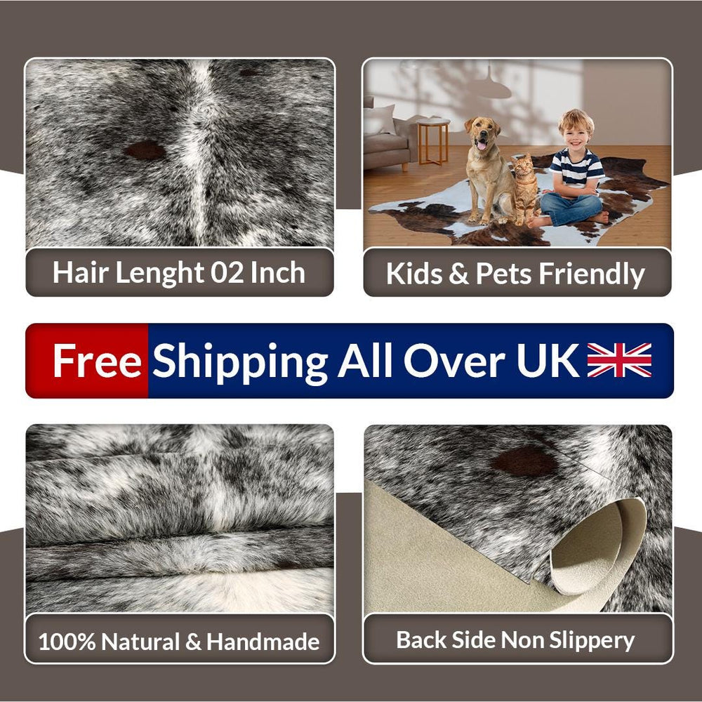 Luxury Black & Grey Cowhide Rug - Hypoallergenic Non-Slippery Non-Shedding Large Carpet for Bedroom Living Room - Free Shipping in UK - Celestial Leather Limited