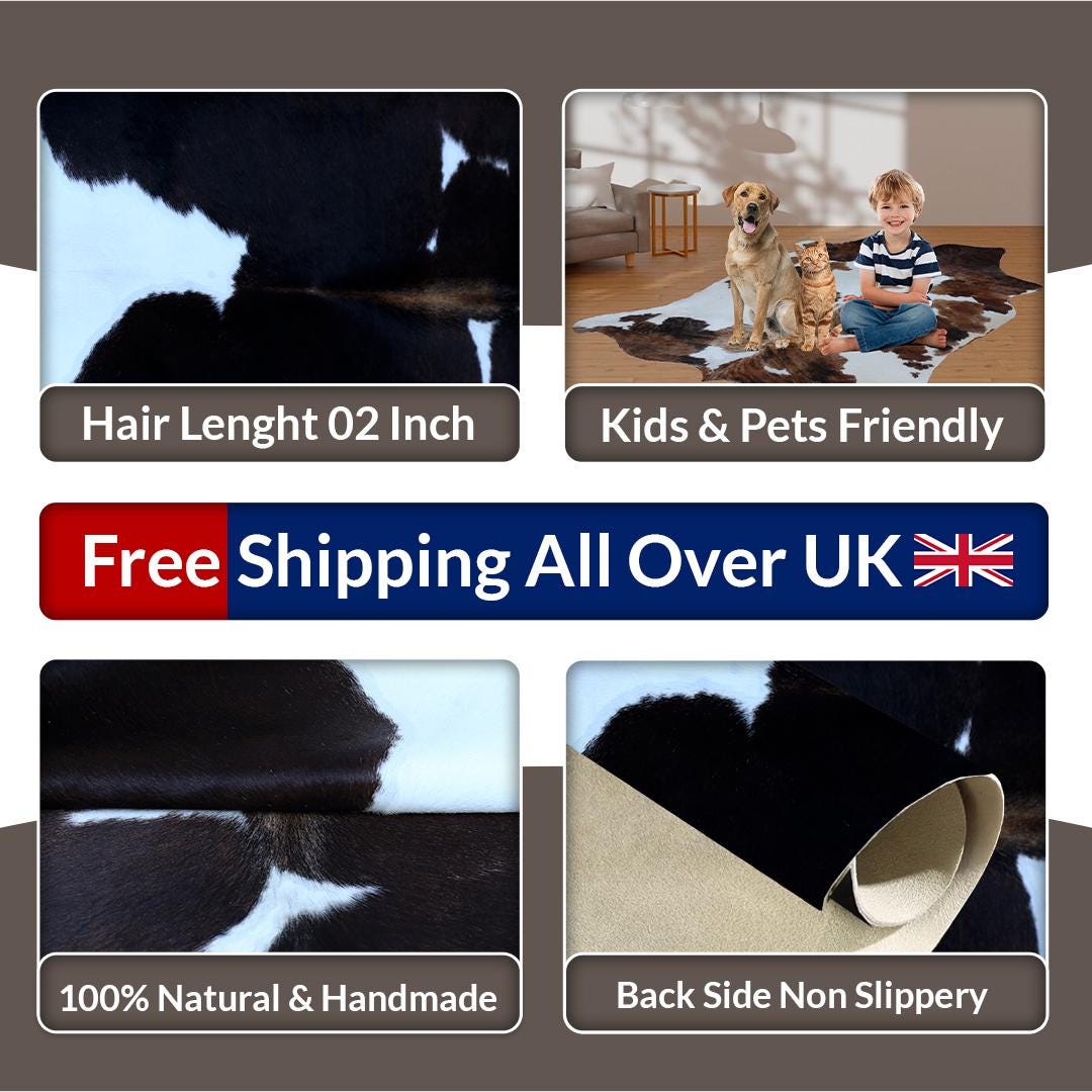 Luxurious Brown & White Cowhide Rug - Hypoallergenic, Non-Slip, Non-Shedding - Large Area Rug with Soft Natural Hair - Free Shipping!