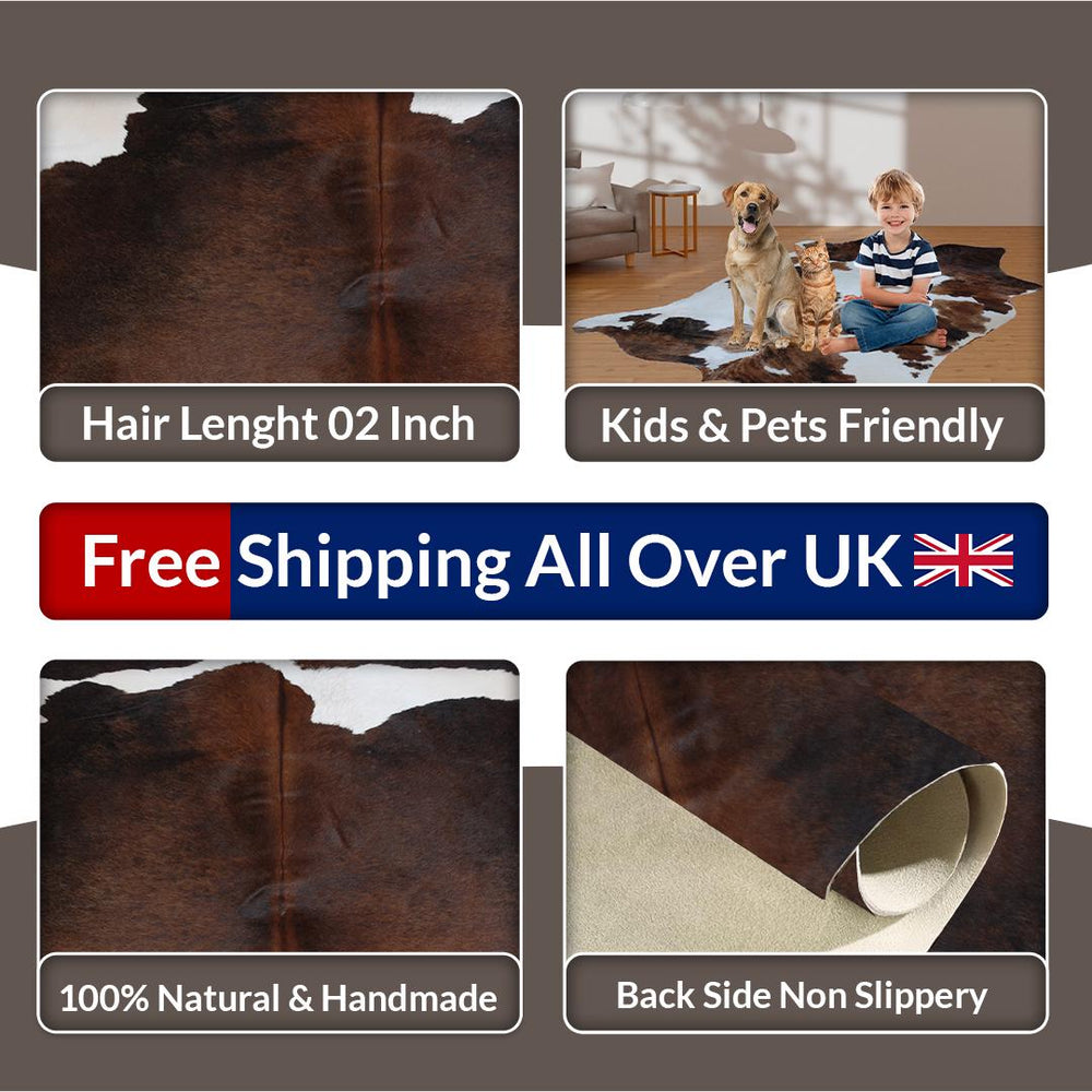Luxury Dark Brown & White Cowhide Rug - Hypoallergenic, Handcrafted, Durable, One-of-a-Kind Medium Cow Skin Rug for Modern Home Decor - Celestial Leather Limited