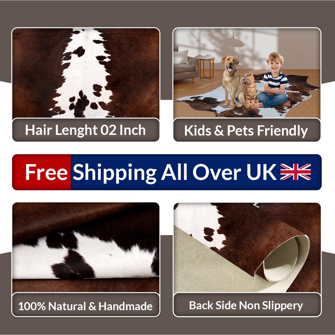 Luxury Brown & White Cowhide Rug for Elegant Home Decor - Hypoallergenic, Non-Slip Backing, Non-Shedding - Large Size, Free UK Shipping - Celestial Leather Limited