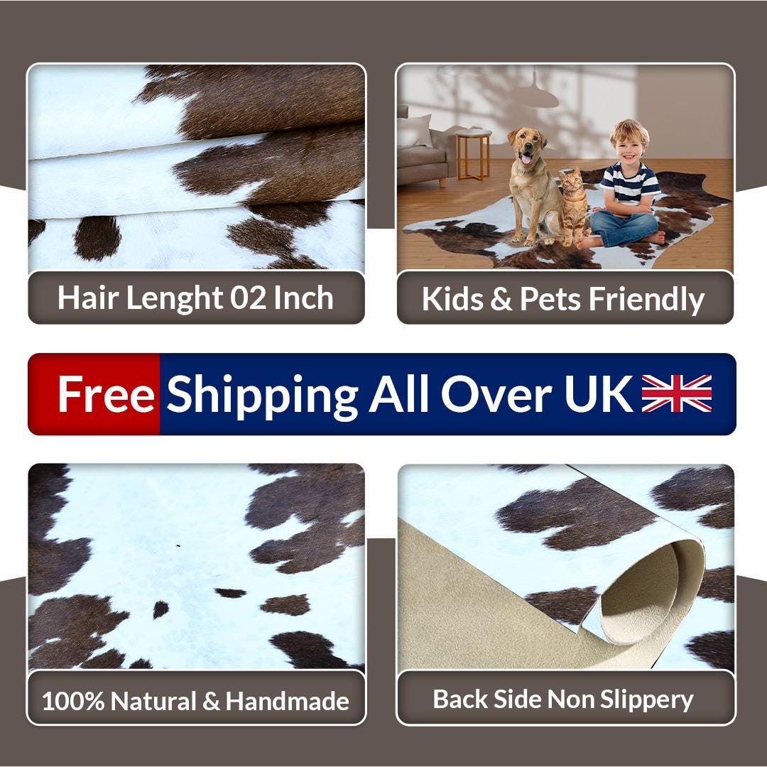 Luxury Brown & White Cowhide Rug - Hypoallergenic, Non-Slip Back, Non-Shedding - Durable - Versatile Home Decor Rug - Free UK Shipping - Celestial Leather Limited