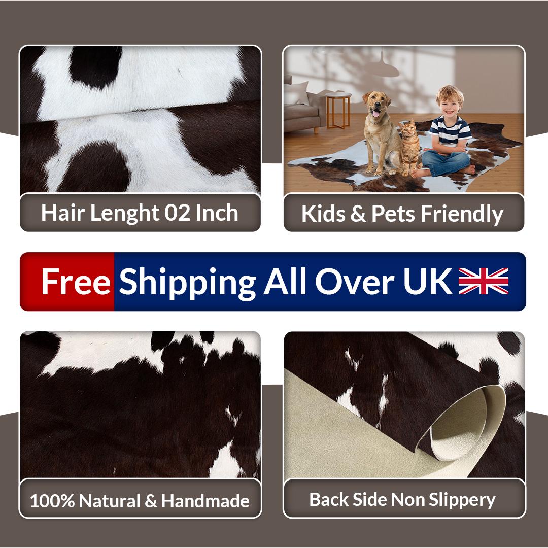 Luxurious Dark Brown & White Cowhide Rug - Large Animal Print Hypoallergenic Non Slippery Center Piece for Bedroom - Free Shipping in UK - Celestial Leather Limited