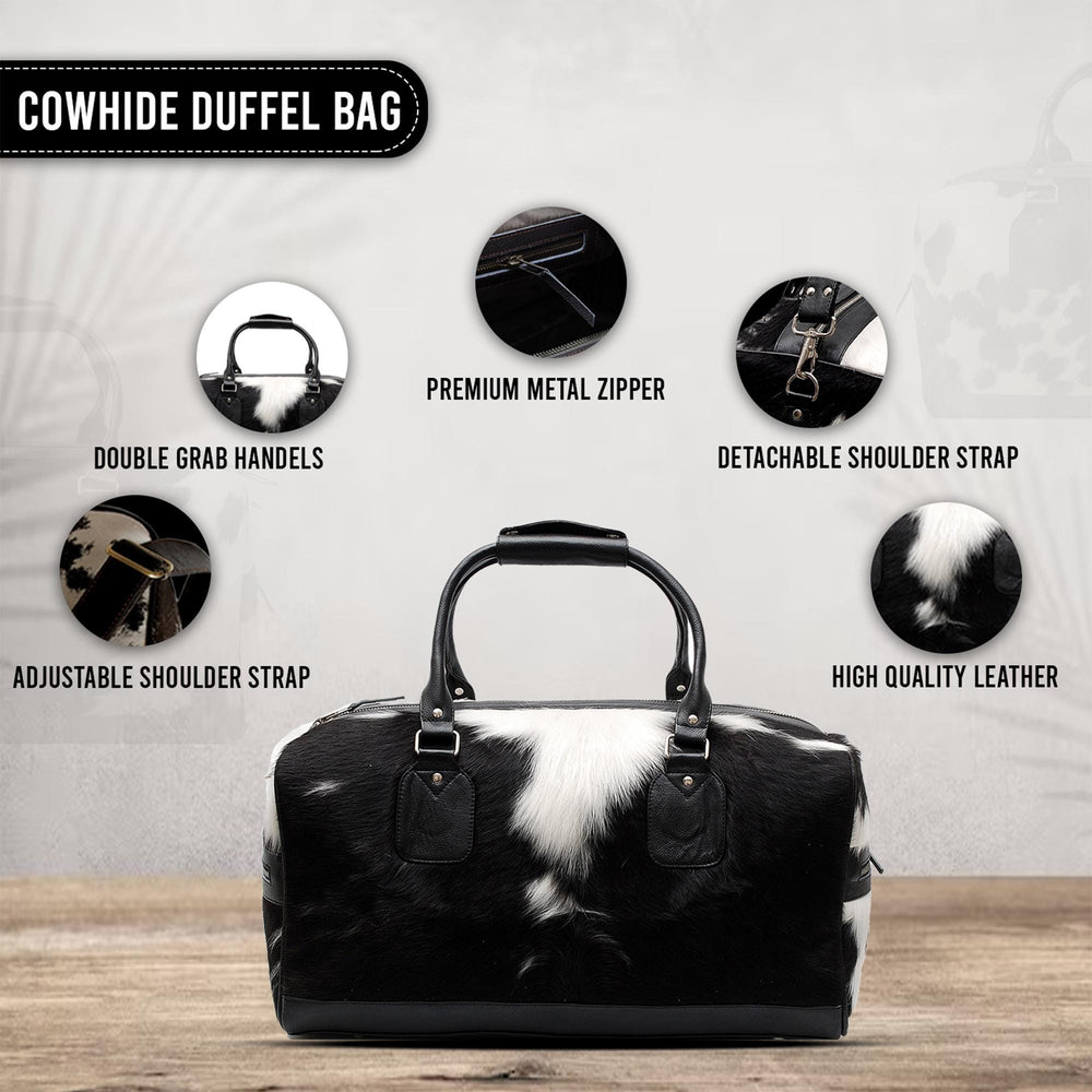 Handcrafted Black White Cowhide Leather Duffle Bag for Stylish Travelers - Premium Quality Carry-On Tote for Men & Women - Celestial Leather Limited