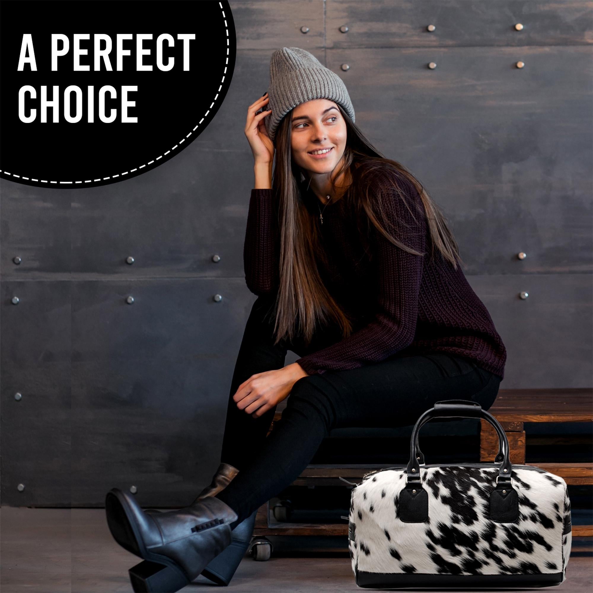 Luxury Genuine Cowhide Leather Weekend Bag with Natural Pony Hair Finish in Black and White - Stylish Duffle for Men and Women