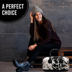 Luxury Genuine Cowhide Leather Weekend Bag with Natural Pony Hair Finish in Black and White - Stylish Duffle for Men and Women