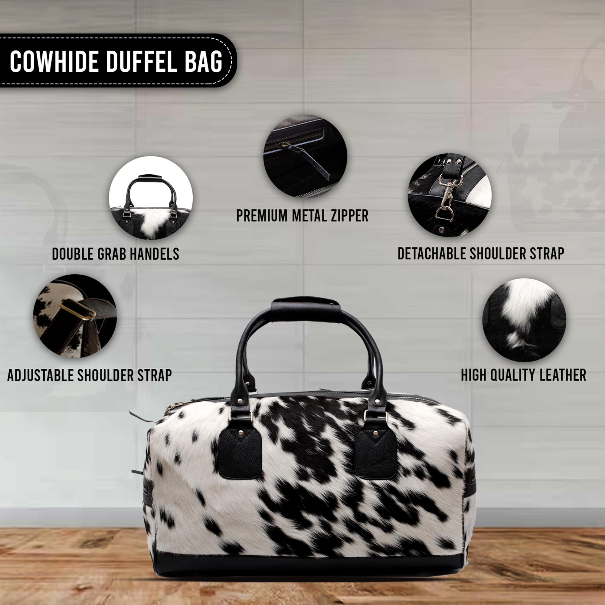Luxury Genuine Cowhide Leather Weekend Bag with Natural Pony Hair Finish in Black and White - Stylish Duffle for Men and Women