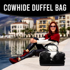 Handcrafted Black White Cowhide Leather Duffle Bag for Stylish Travelers - Premium Quality Carry-On Tote for Men & Women - Celestial Leather Limited