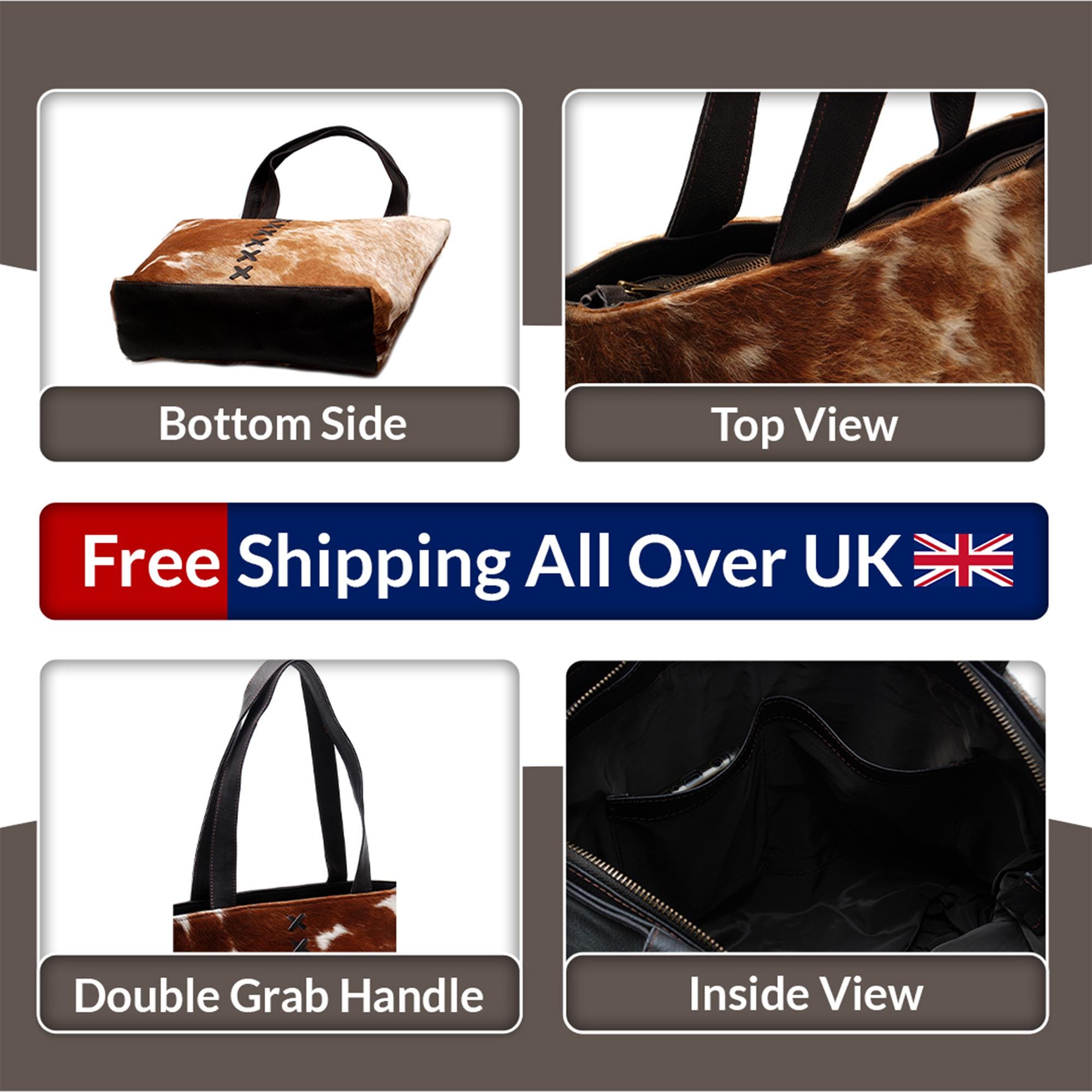 Cowhide Shoulder Bag - Brown & White Hair On Hide Purse, Handmade Leather Tote, Stylish Daily Handbag with Fast Worldwide Shipping