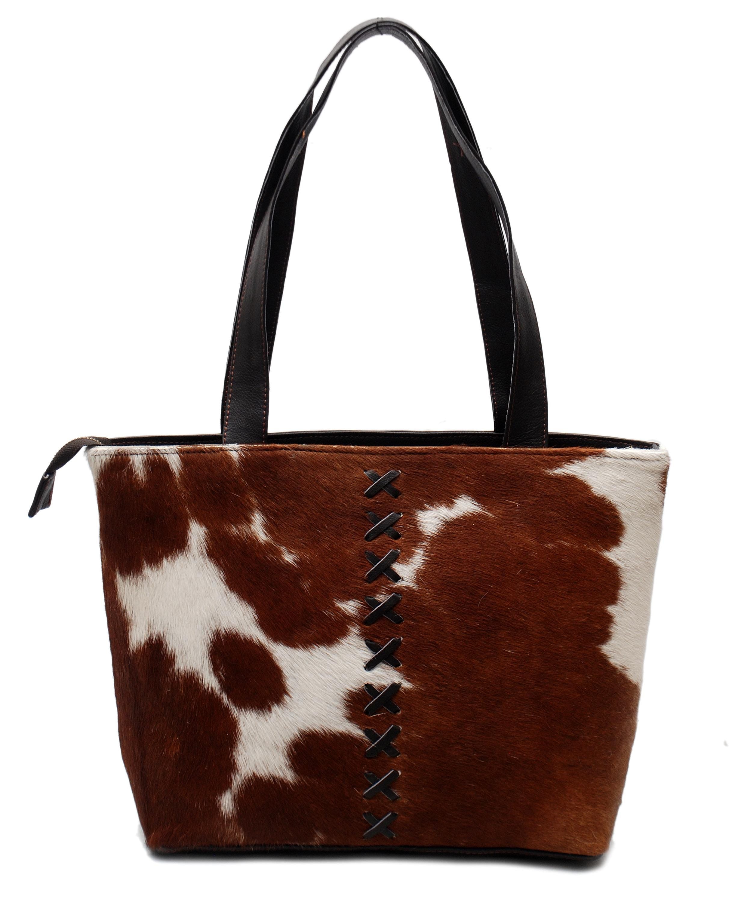 Chic Brown and White Cowhide Tote Bag - Fashionable, Spacious, and Handmade in South Asia