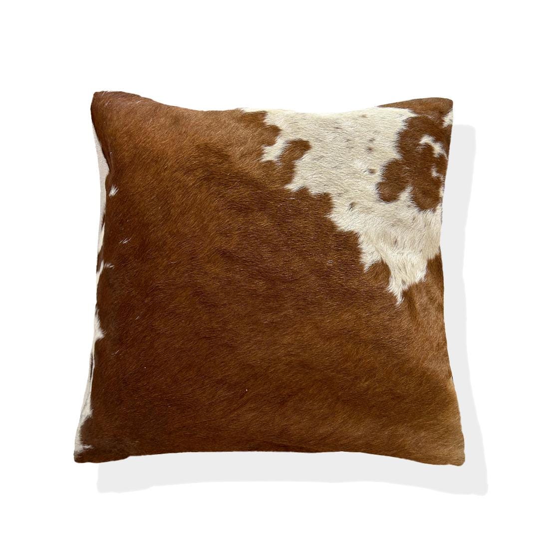 Luxurious Brown & White Cowhide Hair-On Cushion Cover | Rustic - Eco-Friendly Home Decor | Genuine Leather | Hidden Zipper | Suede Backing