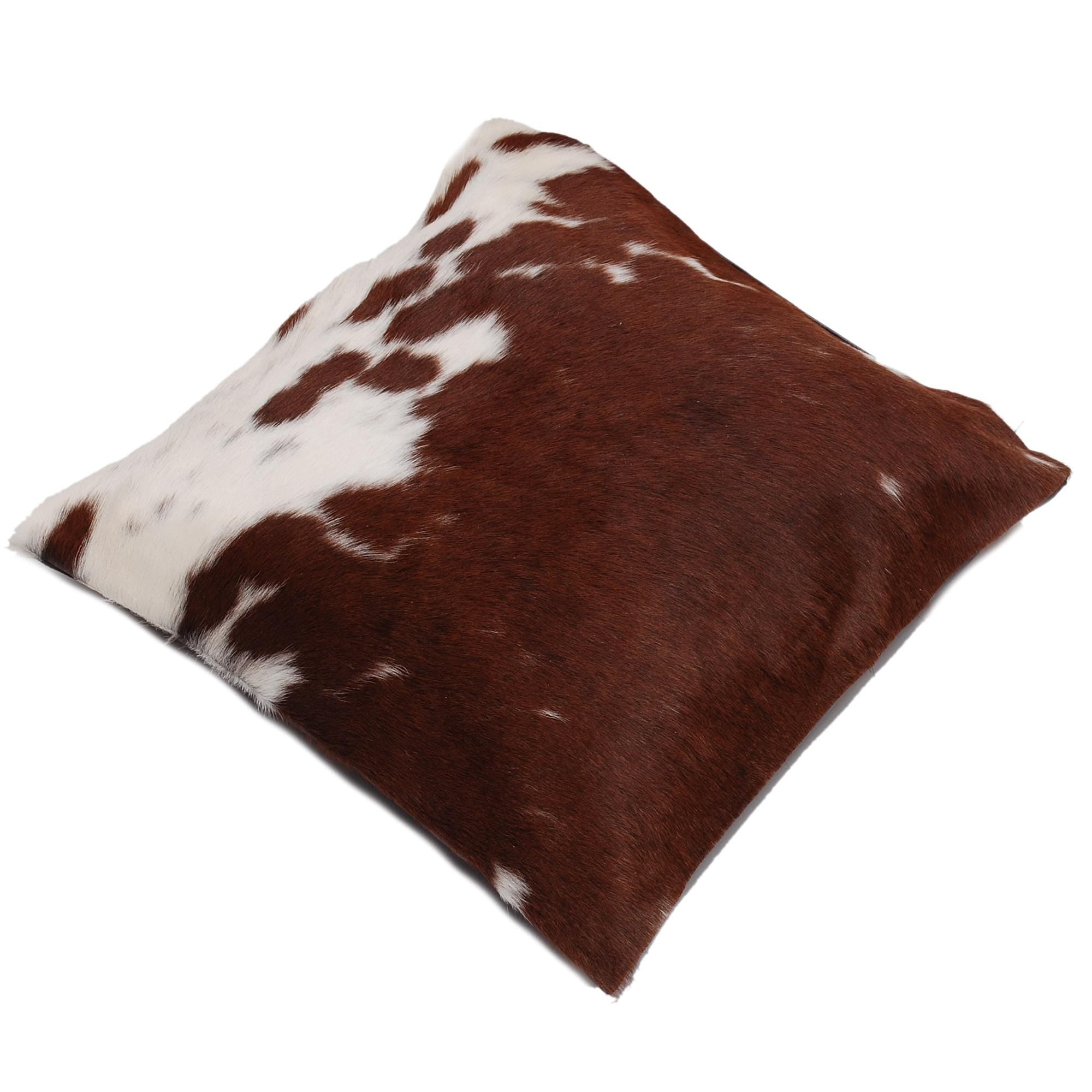 Luxurious Handmade Brown and White Cowhide Accent Cushion Cover - Rustic Elegance for Sofa or Bed