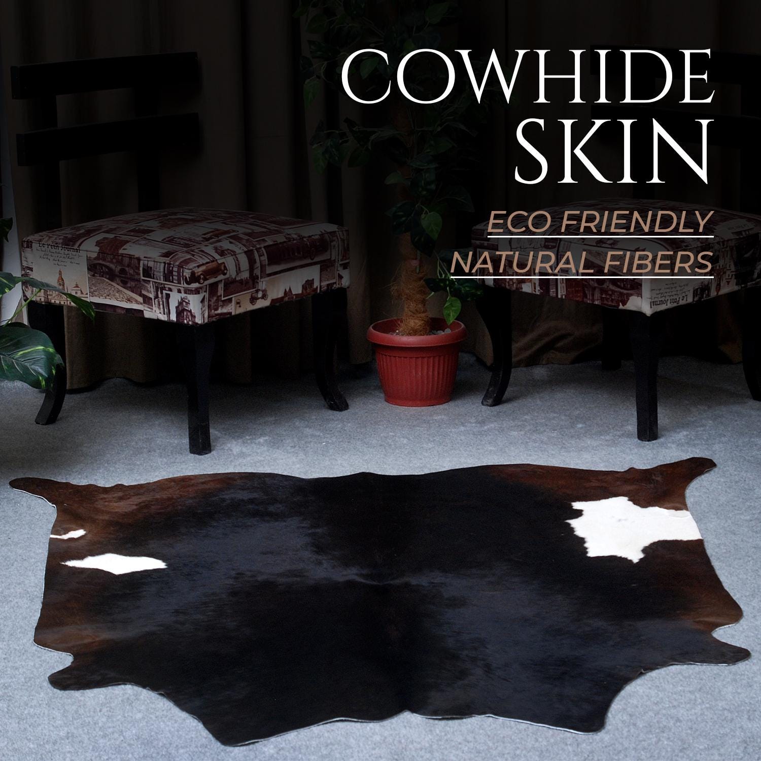 Luxurious Dark Brown & White Cowhide Rug | Hypoallergenic Animal Pattern Carpet | Large Size for Lounge | Non-Slip Suede Back | Non-Shedding - Celestial Leather Limited