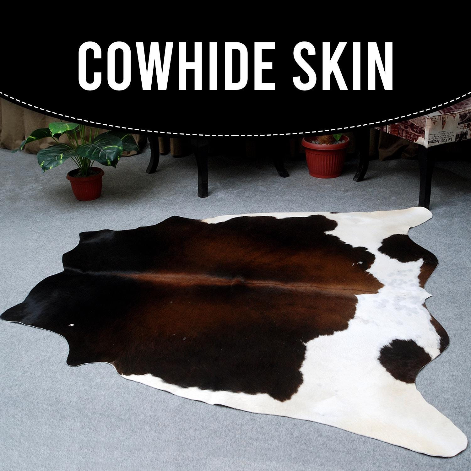 Luxurious Natural Dark Brown & White Cowhide Rug for Chic Lounge Decor - Large Size, Hypoallergenic, Non-Slip Suede Back, Free Shipping in - Celestial Leather Limited
