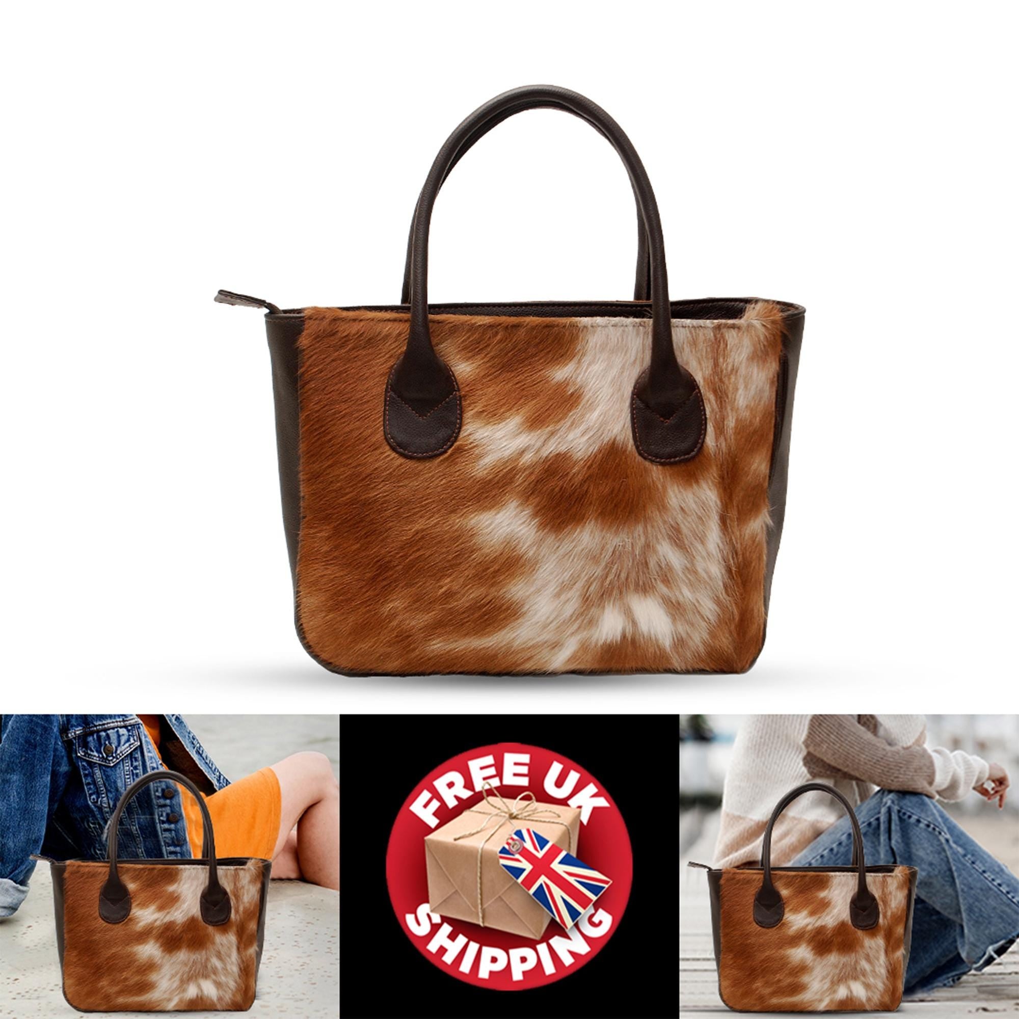 Chic Brown & White Cowhide Shoulder Bag - Handmade Leather Tote with Animal Print Variations, Versatile - Spacious Purse for Daily Use